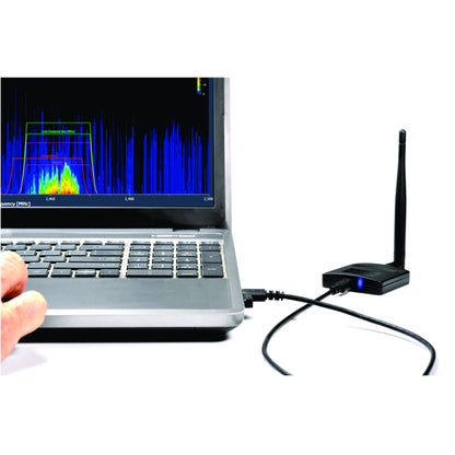 RadioScan 5988 in use with laptop showing 2.4 GHz SSID scan and labeled Wi-Fi network overlays, City Theatrical