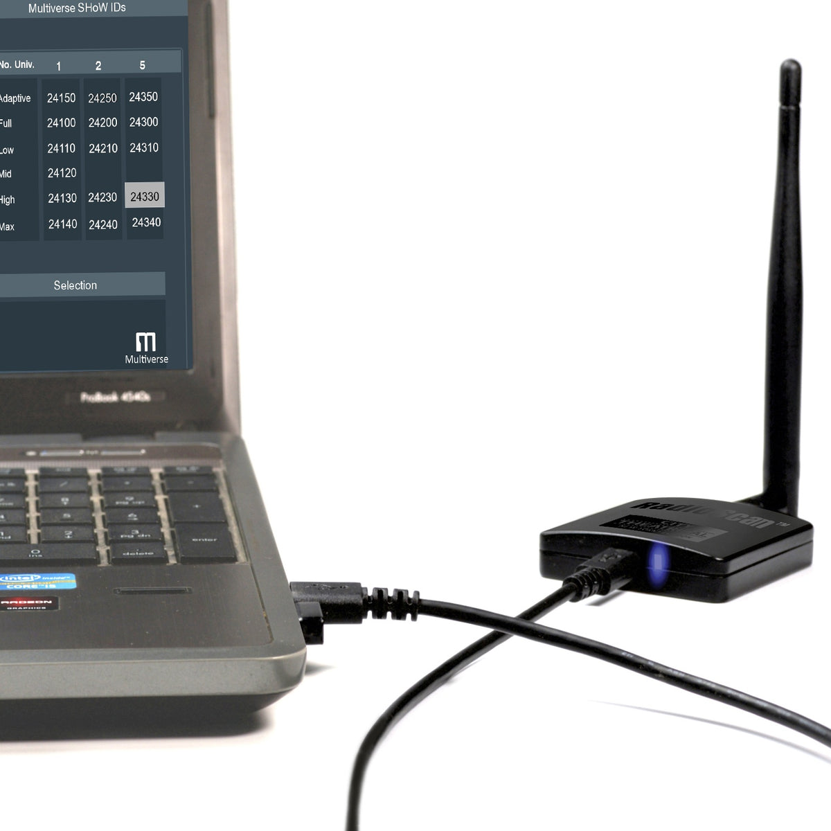RadioScan 5988 USB spectrum analyzer beside laptop displaying Multiverse SHoW ID chart, City Theatrical