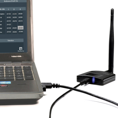 RadioScan 5988 USB spectrum analyzer beside laptop displaying Multiverse SHoW ID chart, City Theatrical