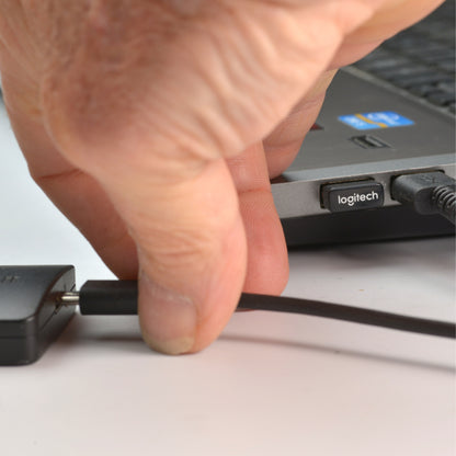 RadioScan 5988 USB-C cable being plugged into laptop USB port, City Theatrical