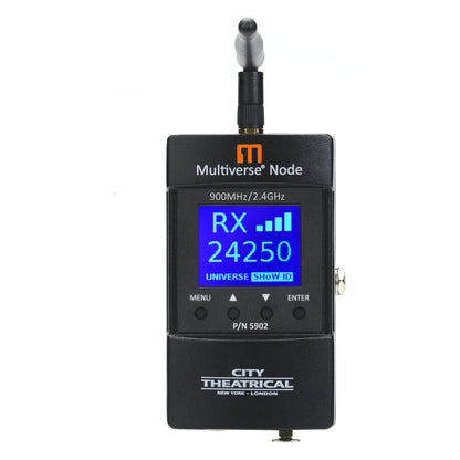 Multiverse Node 5902 front view with antenna fitted and blue LCD showing RX mode, signal bars and SHoW ID 24250, City Theatrical