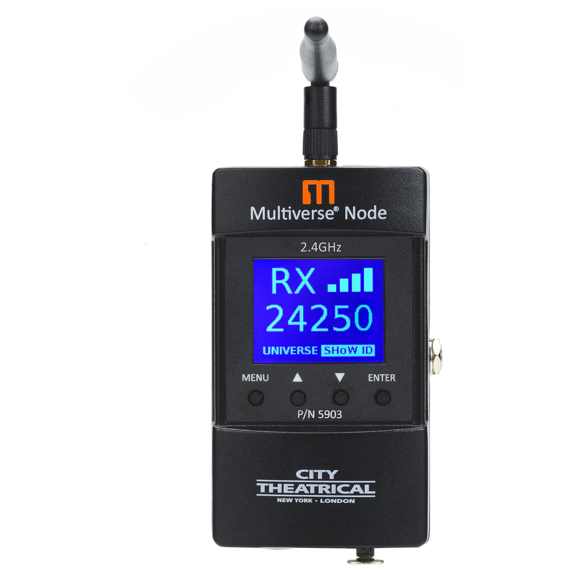 Multiverse Node 5903 front view with folded 2.4GHz antenna and blue LCD showing RX signal strength and universe 24250, City Theatrical