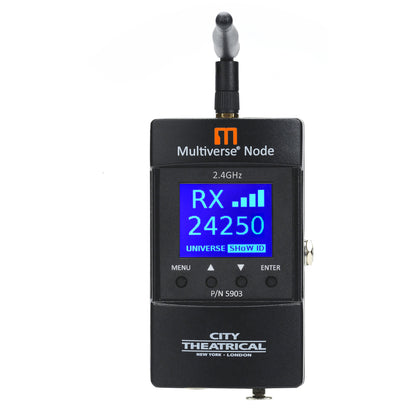 Multiverse Node 5903 front view with folded 2.4GHz antenna and blue LCD showing RX signal strength and universe 24250, City Theatrical