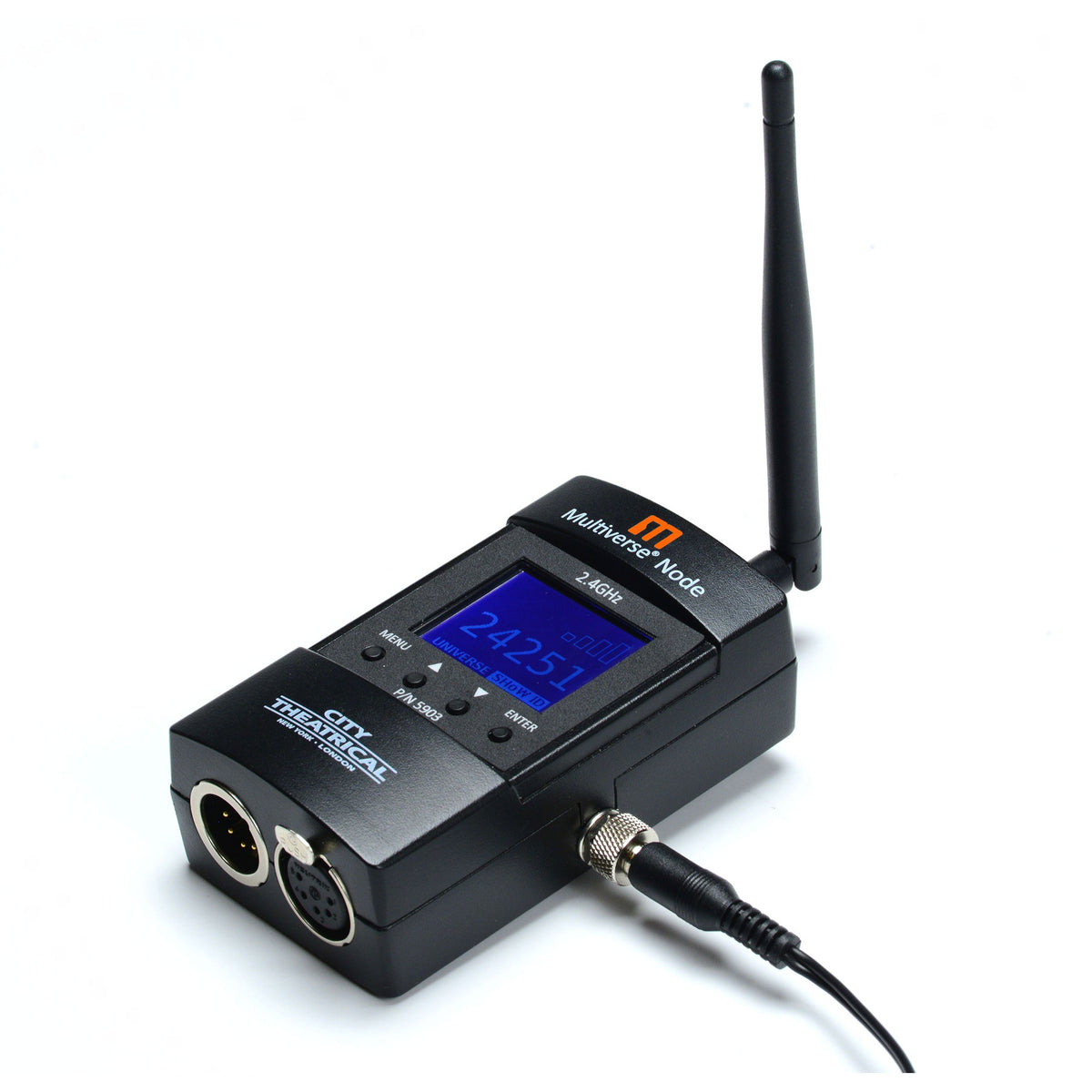 Multiverse Node 5903 angled side view showing 5-pin DMX in and out XLR connectors, locking power input and raised antenna, City Theatrical