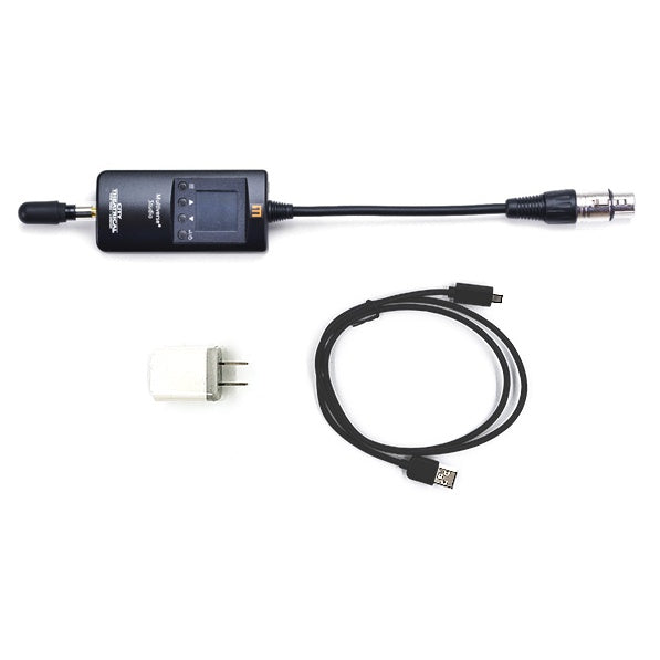 5904 Multiverse Studio wireless DMX transmitter what's-in-the-box view with antenna, 5-pin XLR cable tail, USB power cable and wall adapter, City Theatrical