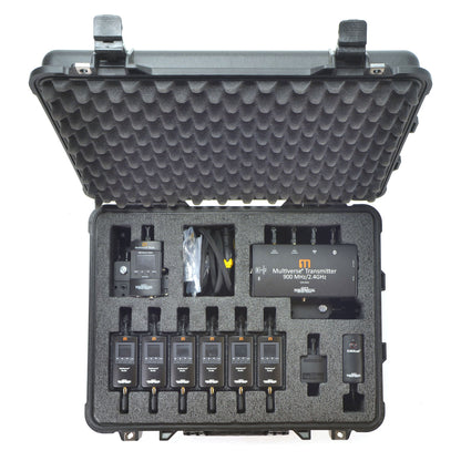 Multiverse Studio Kit top-down view of open road case with six Studio receivers, Multiverse Transmitter, node, RadioScan and DMXcat in custom foam, City Theatrical