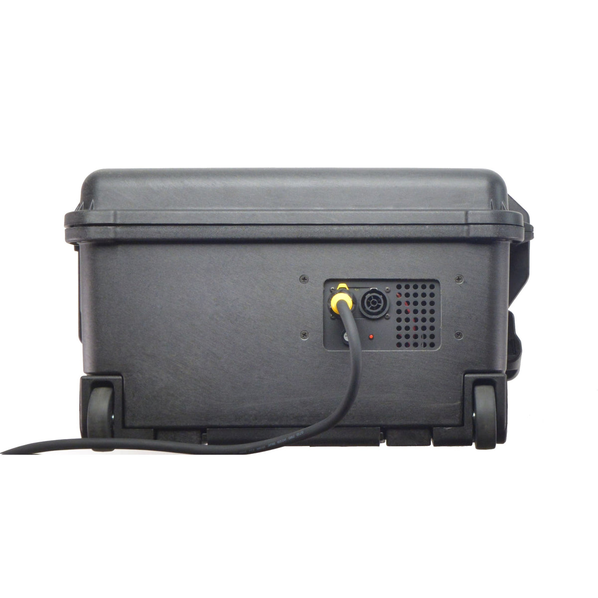 Multiverse Studio Kit case exterior panel with yellow powerCON TRUE1 cable connected to recessed AC inlet and vent, City Theatrical