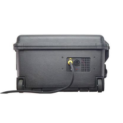 Multiverse Studio Kit case exterior panel with yellow powerCON TRUE1 cable connected to recessed AC inlet and vent, City Theatrical