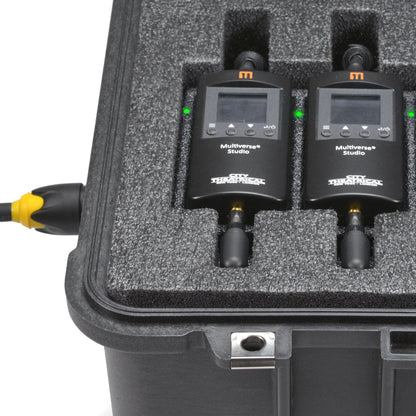 Multiverse Studio Kit contactless charging detail with green charge LEDs beside two Studio receivers in foam, City Theatrical
