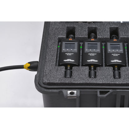 Multiverse Studio Kit charging in case, powerCON cable feeding three Studio receivers with lit green status LEDs, City Theatrical