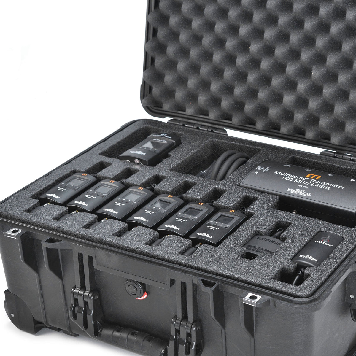 Multiverse Studio Kit angled open view of wheeled case showing six receivers, transmitter and coiled cable in foam inserts, City Theatrical