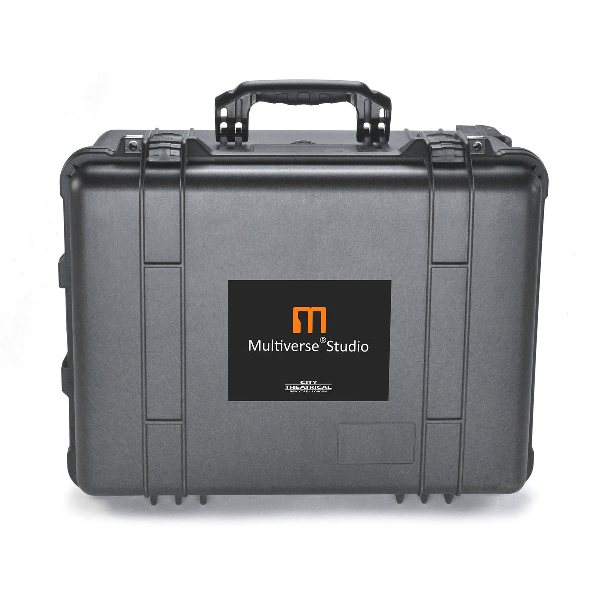 Multiverse Studio Kit closed case front view with Multiverse Studio badge, twin latches and molded handle, City Theatrical