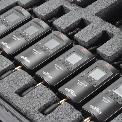 Multiverse Studio receivers close-up showing LCD displays, four-button keypads and antennas in kit foam, City Theatrical