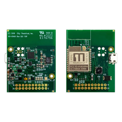 Multiverse 5906 2.4GHz receiver card top and bottom views showing ID/BAND indicators and the shielded Multiverse radio module with FCC ID marking, City Theatrical