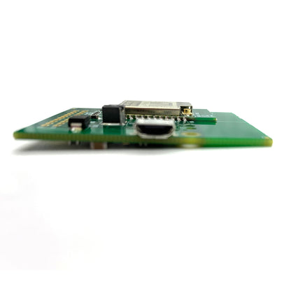Multiverse 5906 receiver card edge-on side view showing low-profile board stack with micro USB port and shielded radio can, City Theatrical
