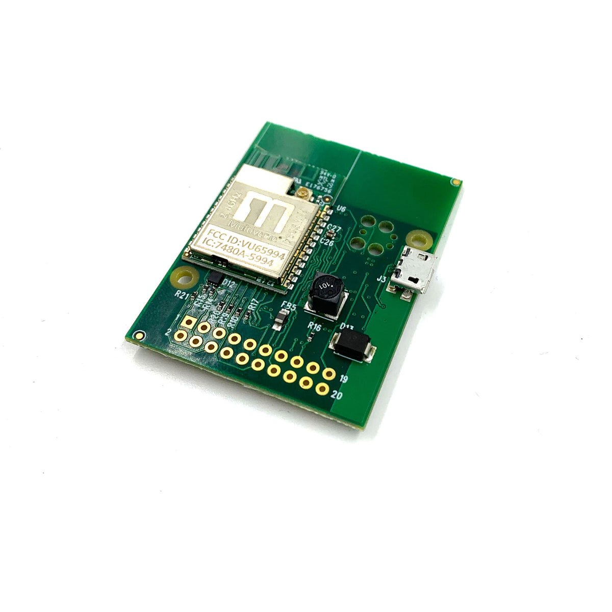 Multiverse 5906 receiver card angled view of the underside with 2.4GHz Multiverse module, inductor and gold-plated pin pads, City Theatrical