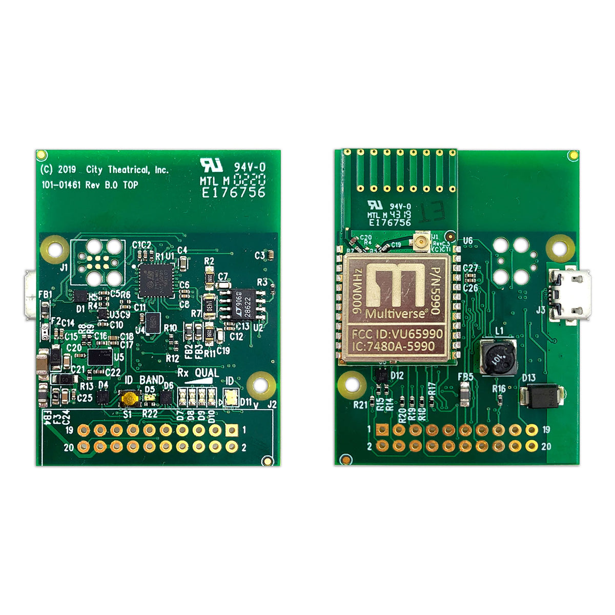 Multiverse 900MHz receiver card 5907 top and bottom PCB views showing 900MHz radio module, micro USB port and 20-pin header, City Theatrical