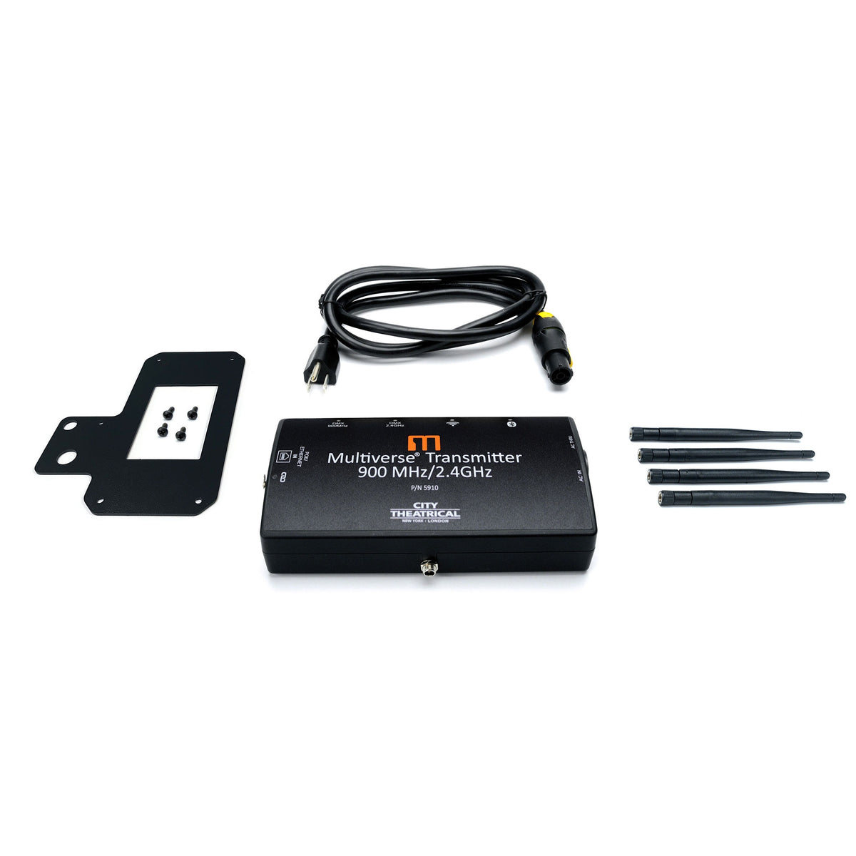 Multiverse 5910 transmitter what's-in-the-box layout with four antennas, powerCON TRUE1 AC cable and mounting bracket with screws, City Theatrical
