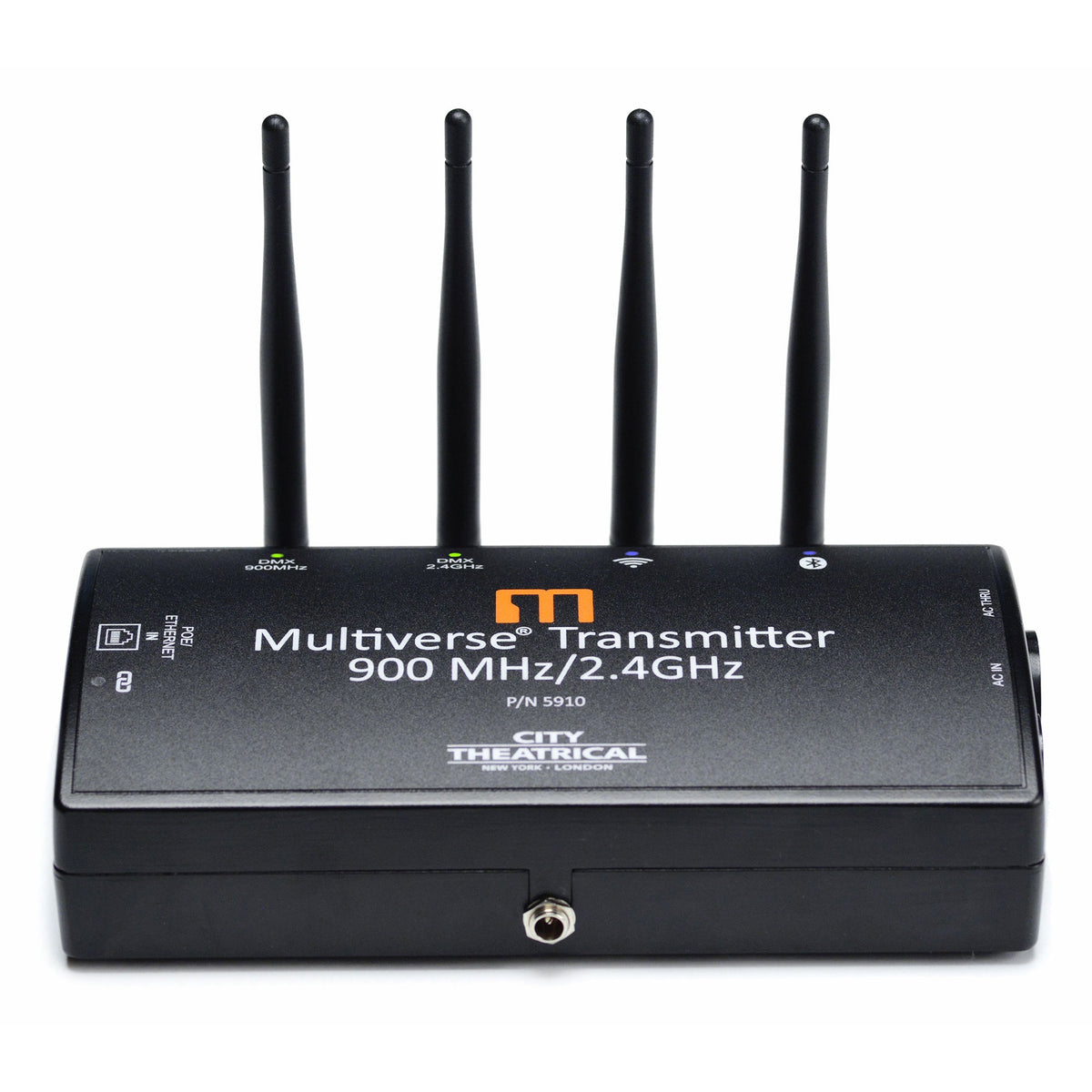 Multiverse 5910 900MHz/2.4GHz transmitter front view with four antennas upright and DMX, Wi-Fi and Bluetooth status LEDs, City Theatrical