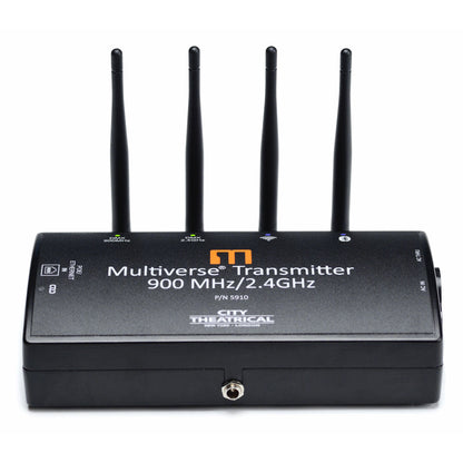 Multiverse 5910 900MHz/2.4GHz transmitter front view with four antennas upright and DMX, Wi-Fi and Bluetooth status LEDs, City Theatrical