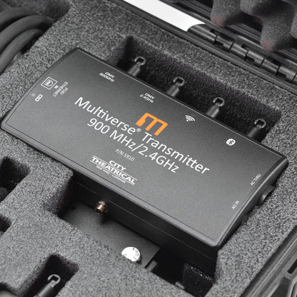 Multiverse 5910 transmitter top-down detail seated in Multiverse Studio Kit foam showing PoE Ethernet in and AC in/thru labeling, City Theatrical