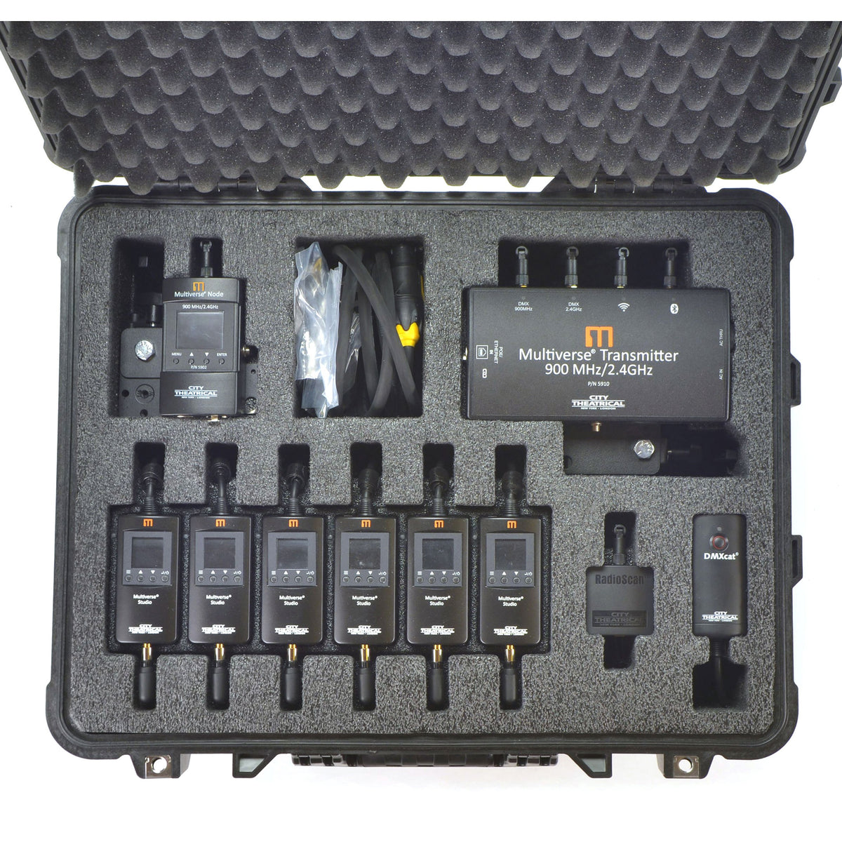 Multiverse 5910 transmitter packed in Multiverse Studio Kit case with six Studio transceivers, Multiverse Node, RadioScan and DMXcat, City Theatrical