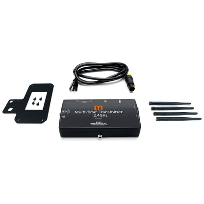 Multiverse Transmitter 2.4GHz P/N 5911 box contents with four detachable antennas, powerCON power cable and mounting bracket with screws, City Theatrical
