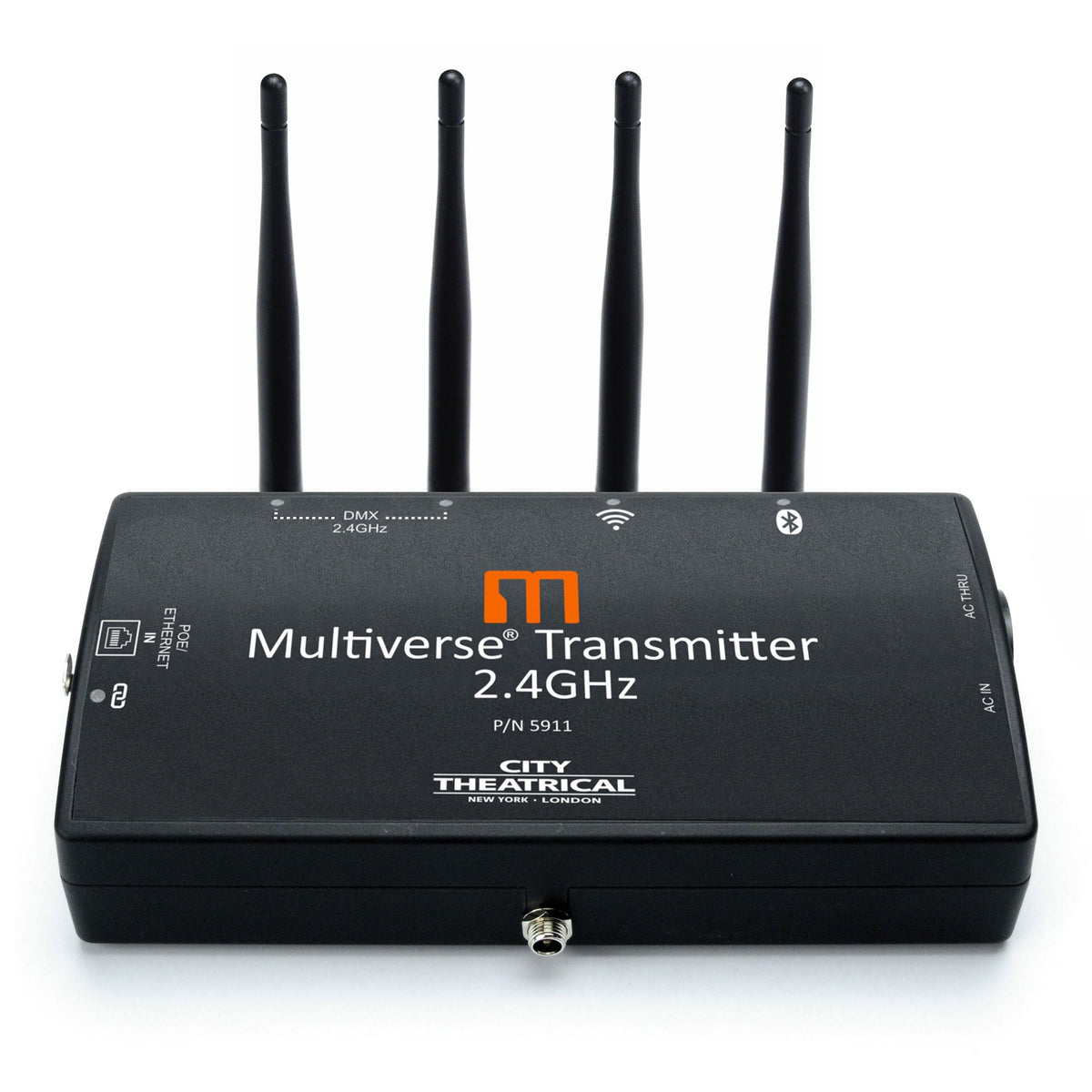 Multiverse Transmitter 2.4GHz 5911 front view with four antennas installed and DMX, Wi-Fi and Bluetooth status LEDs, City Theatrical