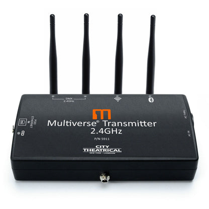 Multiverse Transmitter 2.4GHz 5911 front view with four antennas installed and DMX, Wi-Fi and Bluetooth status LEDs, City Theatrical