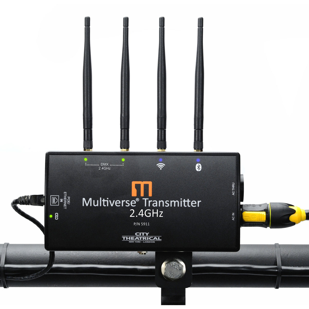 Multiverse Transmitter 5911 pipe-mounted in use with PoE/Ethernet cable and yellow powerCON AC IN connected, LEDs lit, City Theatrical