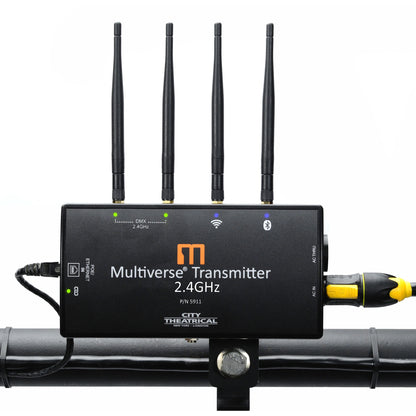 Multiverse Transmitter 5911 pipe-mounted in use with PoE/Ethernet cable and yellow powerCON AC IN connected, LEDs lit, City Theatrical