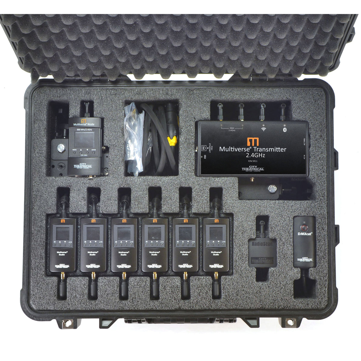 Multiverse Studio Kit case loaded with 5911 transmitter, Multiverse Node, six Studio receivers, RadioScan and DMXcat in foam, City Theatrical