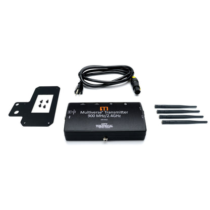 Multiverse Transmitter 5910 what's-in-the-box layout with four antennas, powerCON cable and mounting bracket, City Theatrical