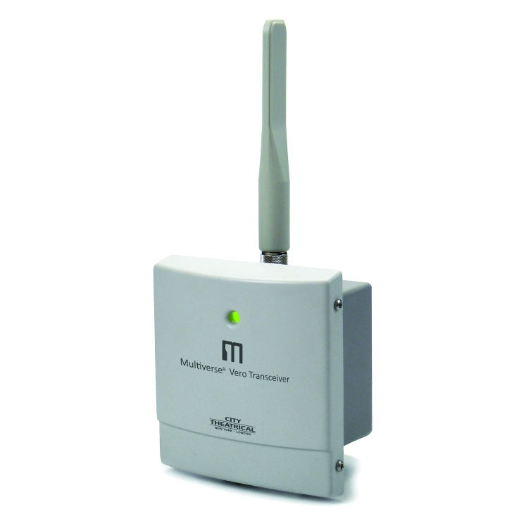Multiverse Vero transceiver front three-quarter view showing white IP-rated enclosure, green status LED and screw-on whip antenna, City Theatrical