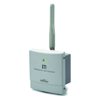 Multiverse Vero transceiver front three-quarter view showing white IP-rated enclosure, green status LED and screw-on whip antenna, City Theatrical