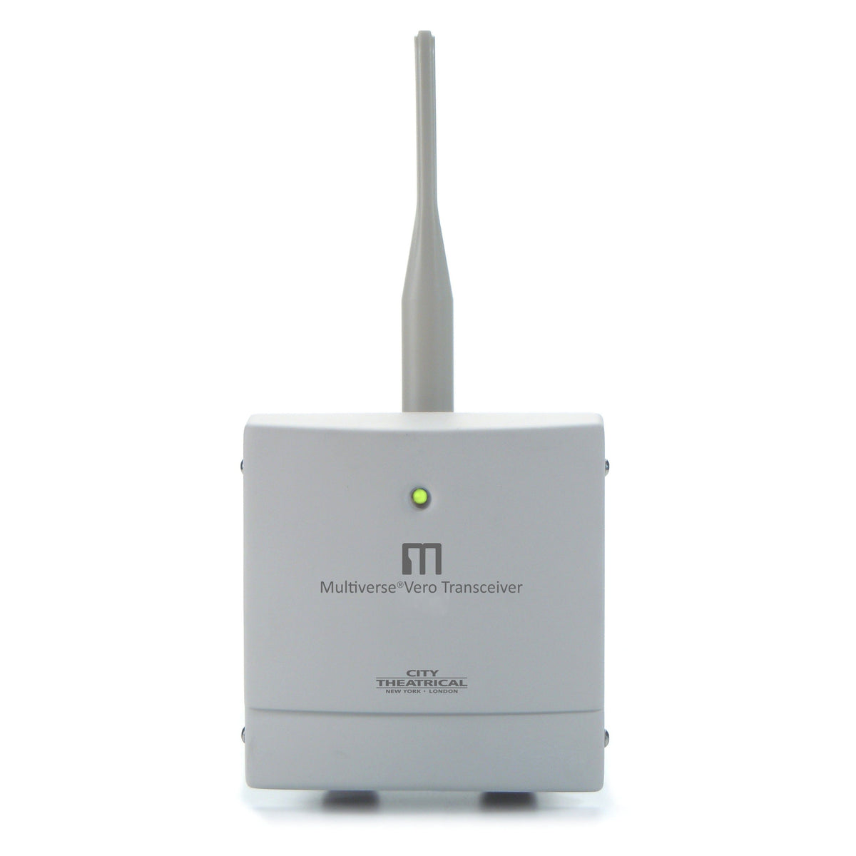 Multiverse Vero transceiver straight-on front view with cover installed, branded faceplate and vertical antenna, City Theatrical