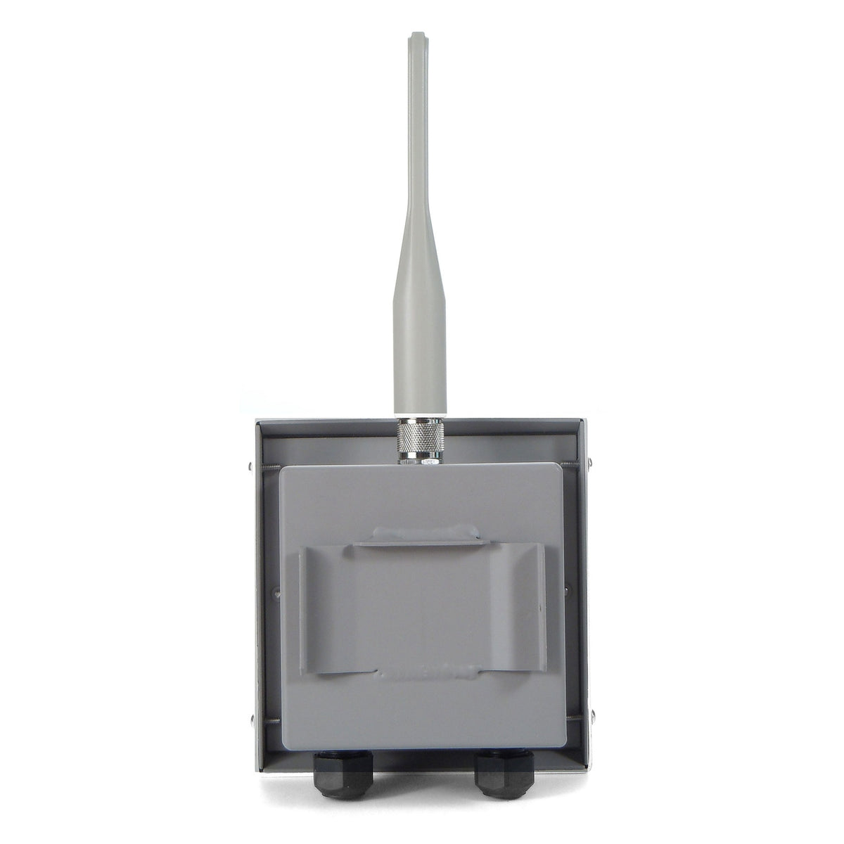 Multiverse Vero transceiver rear view showing mounting back box, antenna connector and two black cable gland conduit entries, City Theatrical
