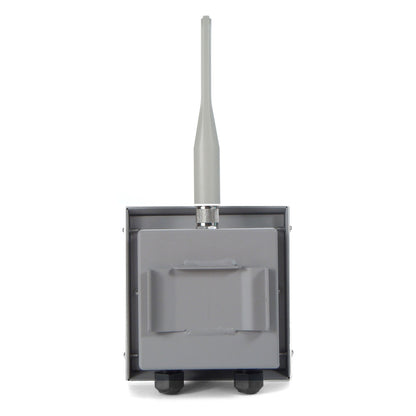 Multiverse Vero transceiver rear view showing mounting back box, antenna connector and two black cable gland conduit entries, City Theatrical