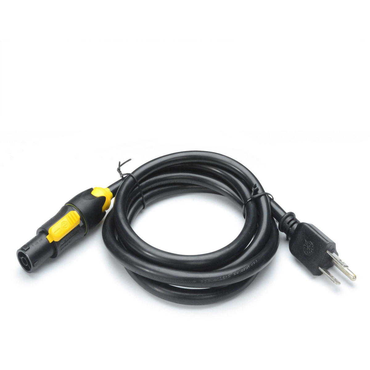 CITTHE 5840 Multiverse power cable coiled, showing yellow powerCON TRUE1 connector and NEMA 5-15P plug on 14AWG jacketed cable, City Theatrical