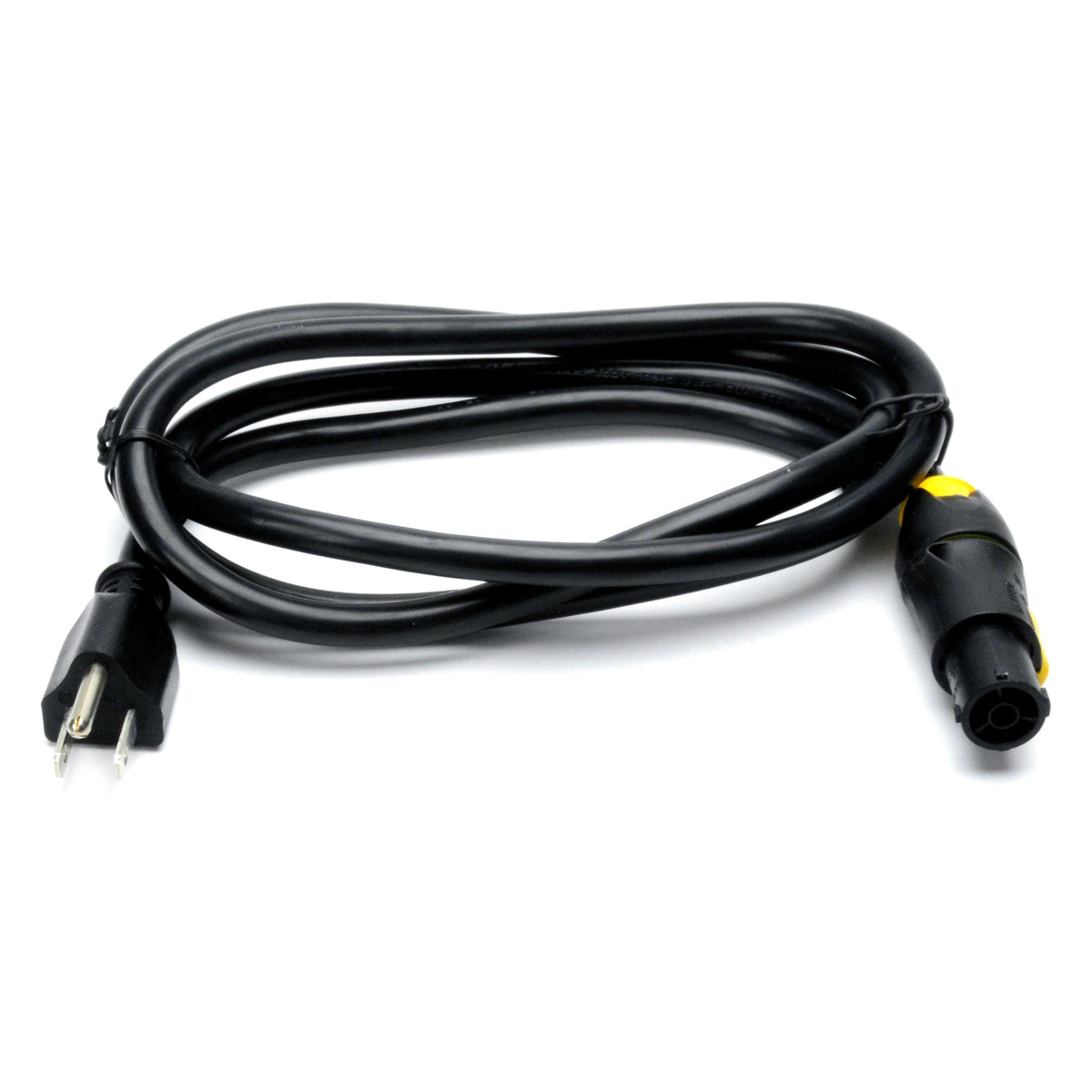 CITTHE 5840 8-foot power cord laid flat with molded Edison 5-15P plug at left and powerCON TRUE1 female connector at right, City Theatrical