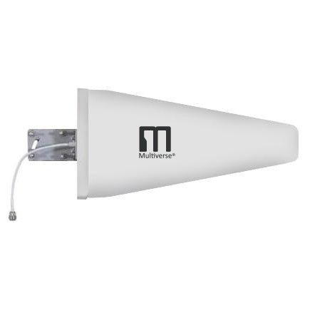 Multiverse 5982 directional Yagi antenna side view showing white tapered housing, mounting bracket and coaxial pigtail connector, City Theatrical