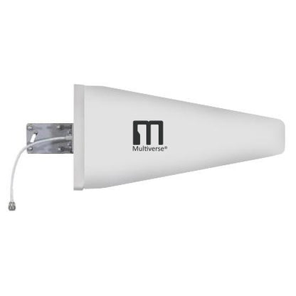 Multiverse 5639 Yagi directional antenna angled view with white log-periodic housing, mounting bracket and N-type pigtail lead, City Theatrical