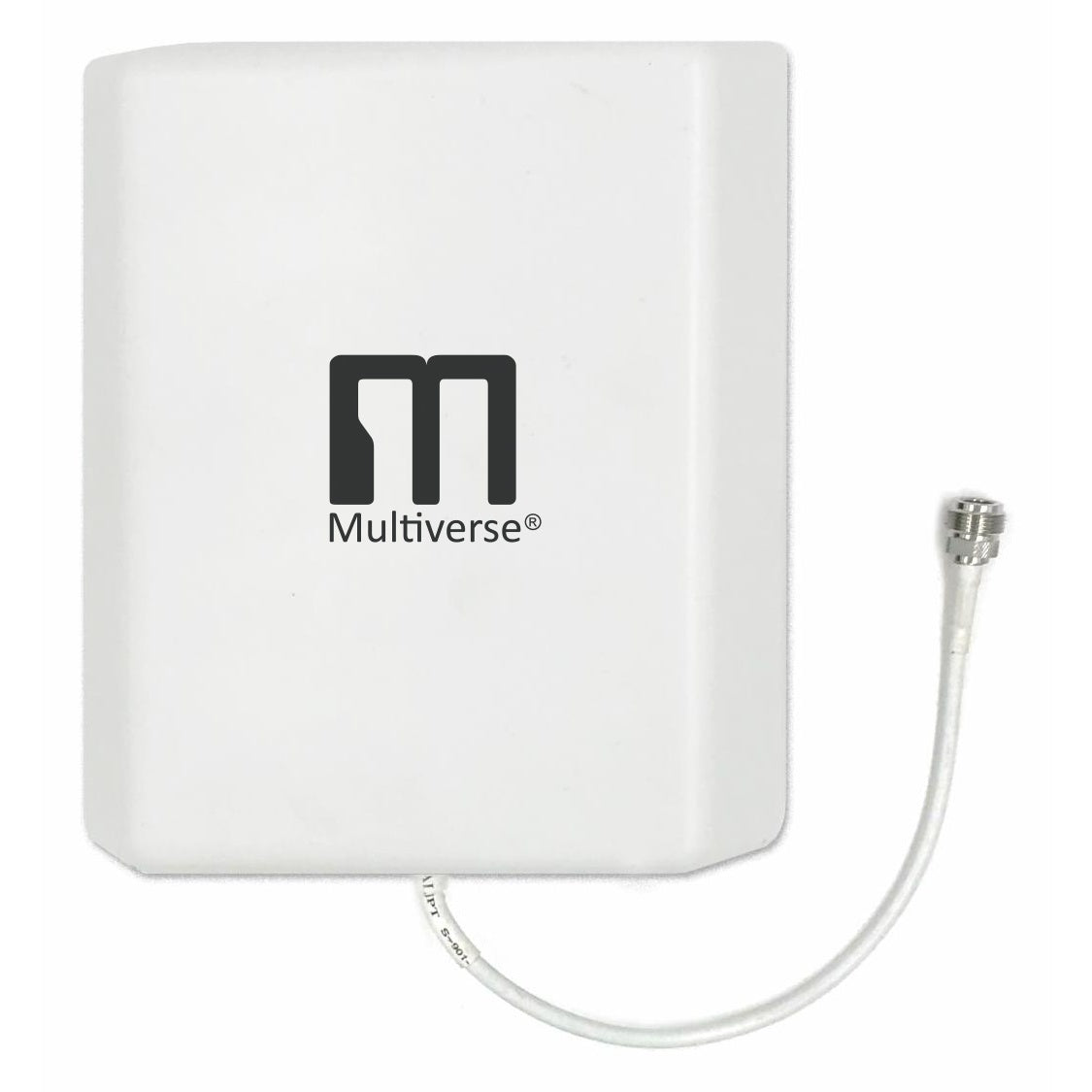 Multiverse panel antenna front view showing flat white enclosure with Multiverse logo and N-connector pigtail cable, City Theatrical