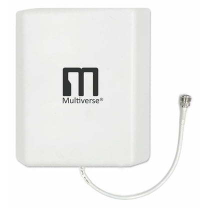 Multiverse panel antenna front view showing flat white enclosure with Multiverse logo and N-connector pigtail cable, City Theatrical