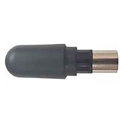 Multiverse stubby antenna side view with short black rubber body and nickel-plated threaded connector, City Theatrical
