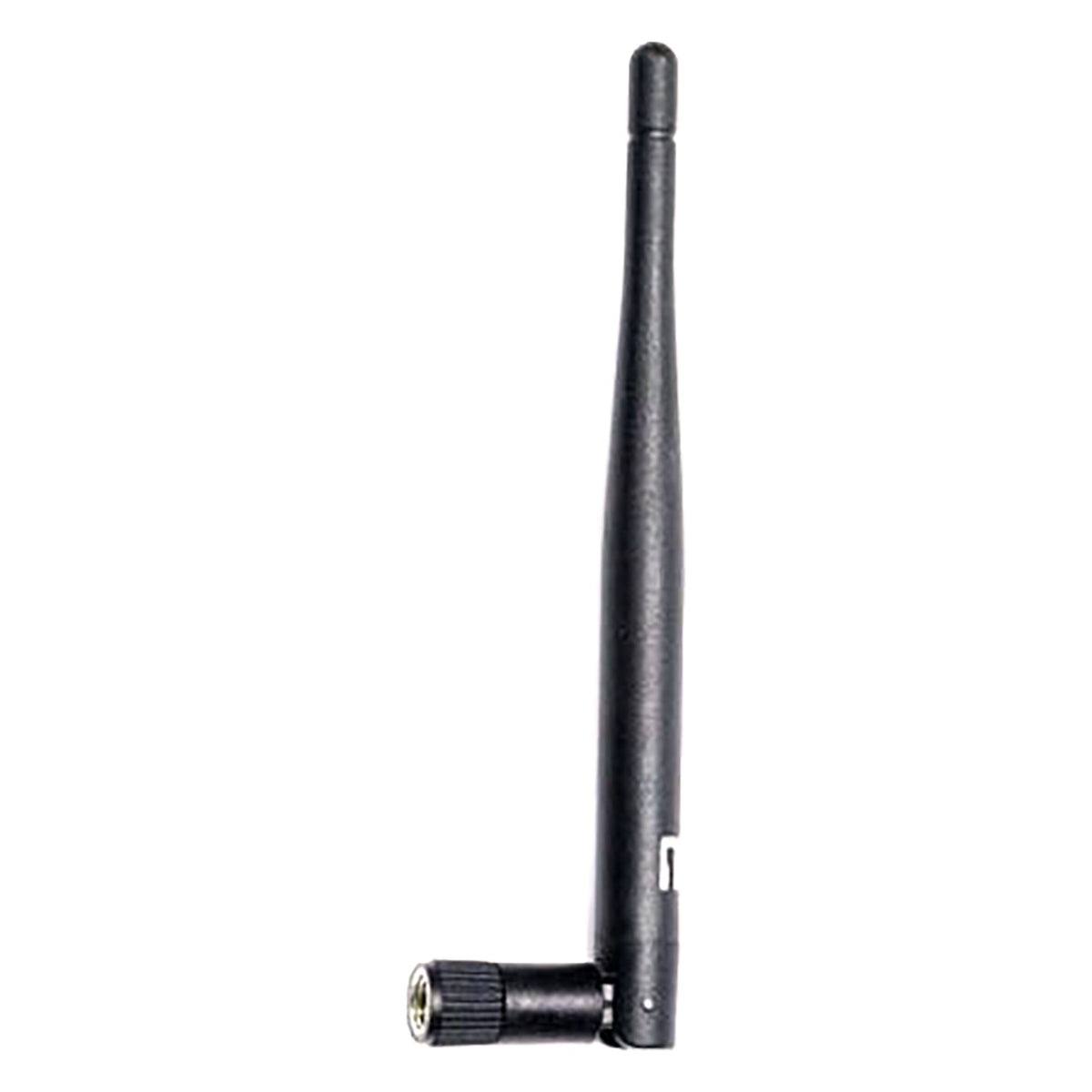 Multiverse omni whip antenna upright side view with black tapered rod and knurled hinged base connector, City Theatrical