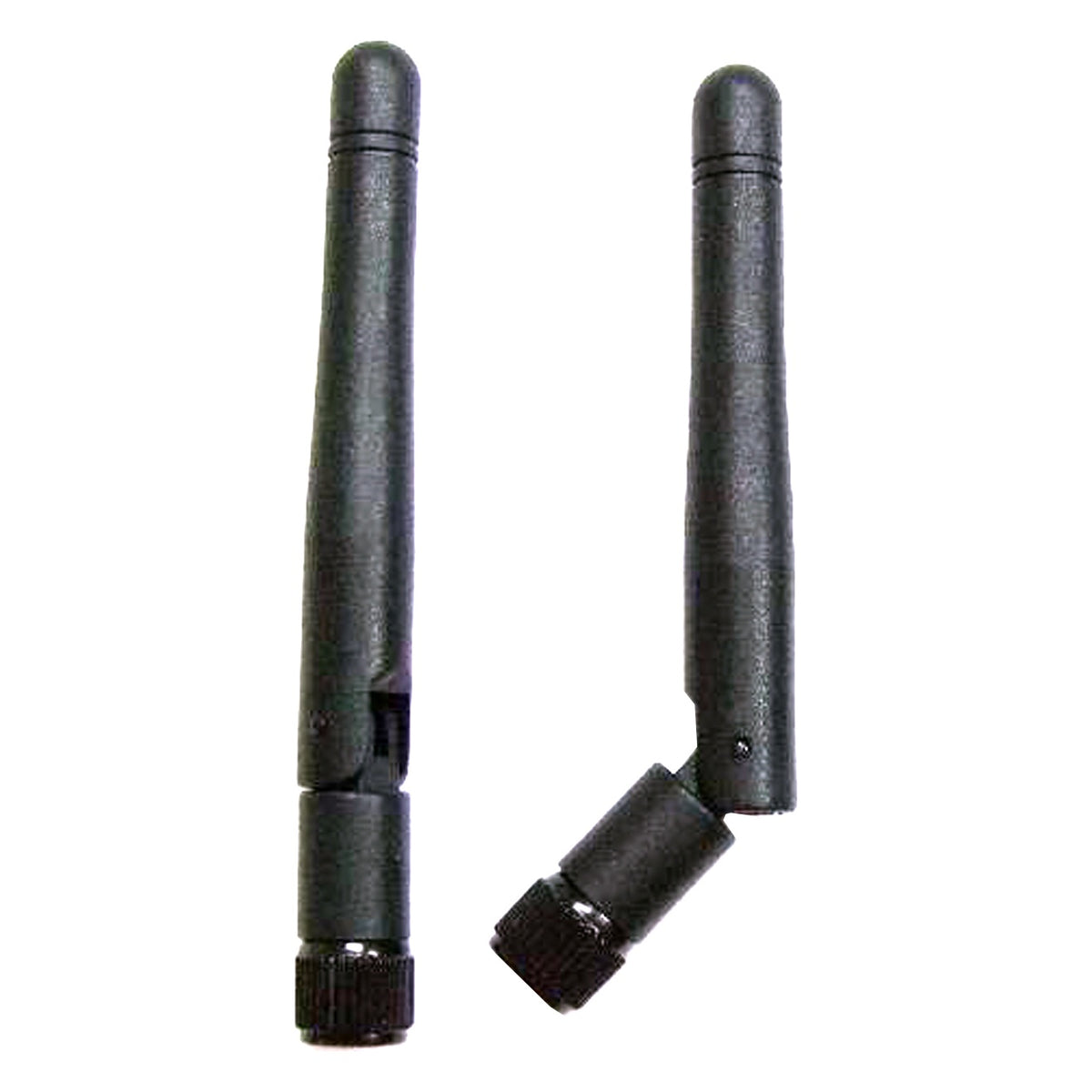 Multiverse 2dBi omni antennas shown straight and hinged at the base in black finish, City Theatrical