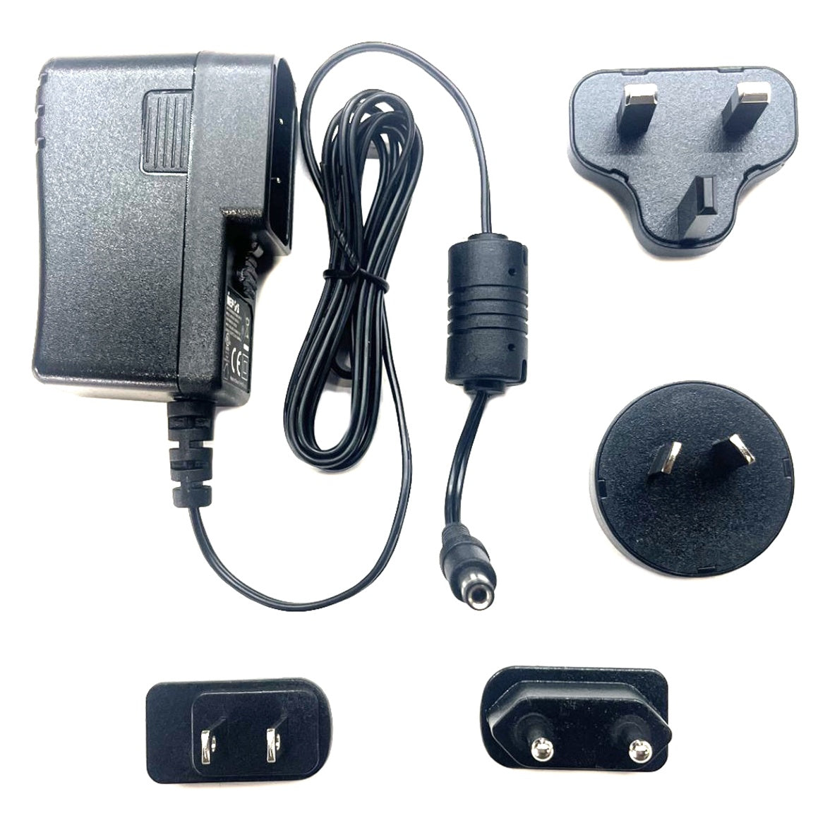 Multiverse SHoW Baby 5627 12VDC power supply with coiled barrel-connector cable and four interchangeable US, UK, EU and AU plug adapters, City Theatrical