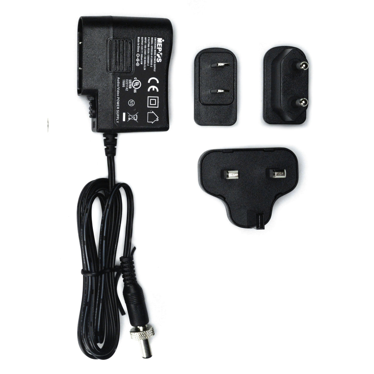 Multiverse 5972 12VDC power supply shown with coiled cable, locking barrel connector and interchangeable US, EU and UK plug kit, City Theatrical