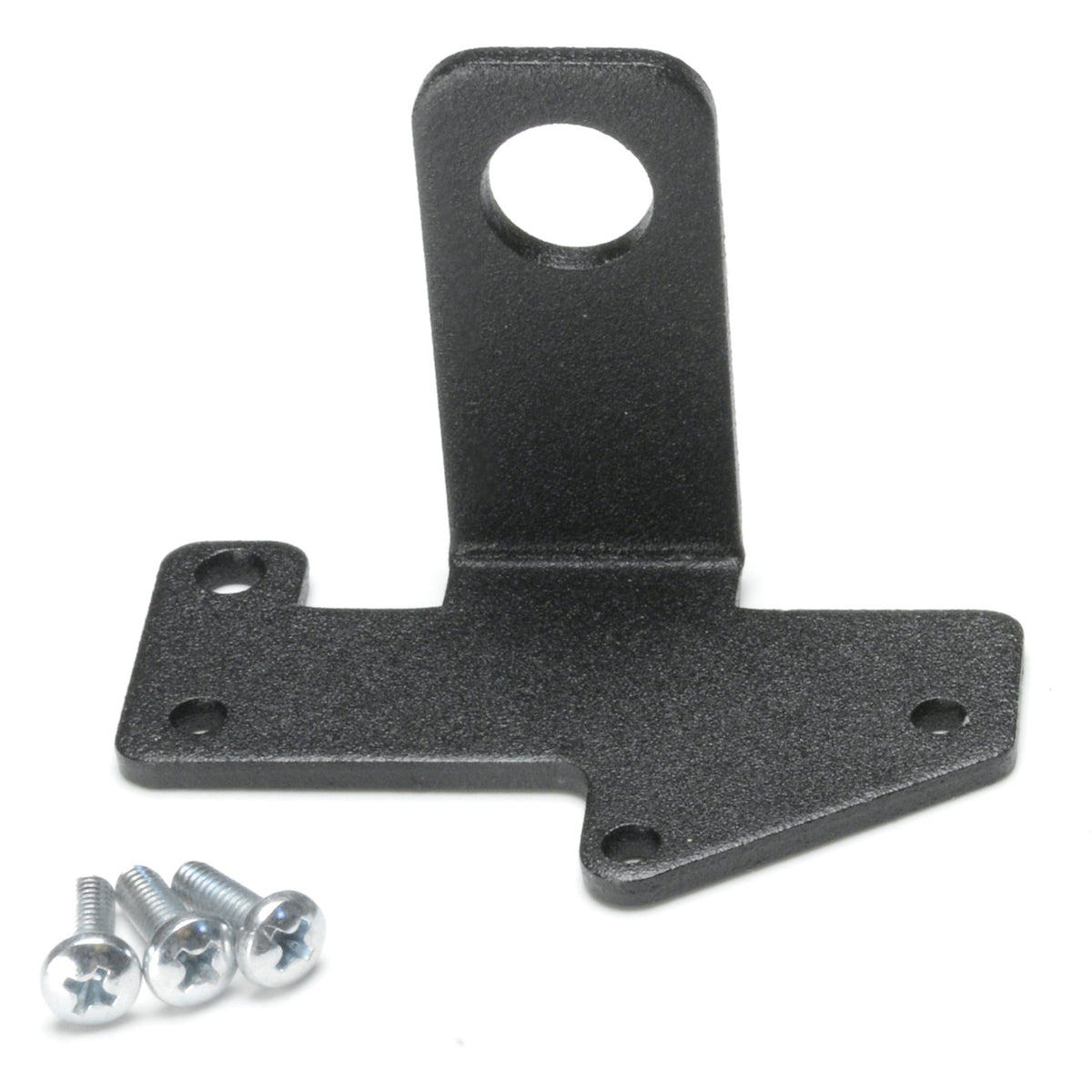 Multiverse SHoW Baby 5602 mounting plate angled view with black powder-coated bracket, hanging hole and three included Phillips screws, City Theatrical
